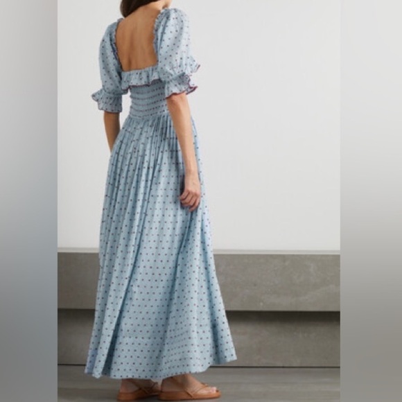 DÔEN Azure Swiss Dot Sol Dress Blue Red Polka Dot Ruffle Midi Maxi - Picture 4 of 7